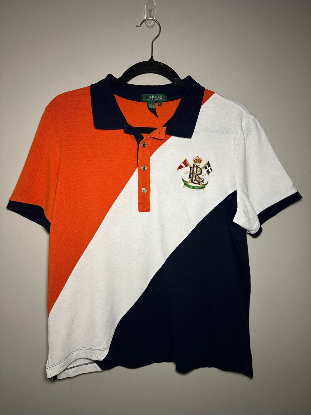 Lauren Ralph Lauren Crested Orange White Navy Diagonal Colorblock Rugby Polo